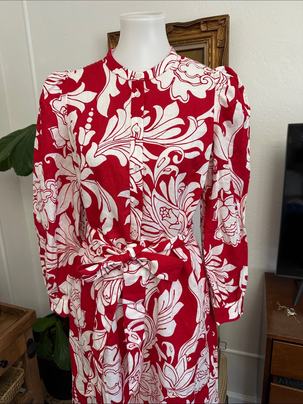 Boden Red and White Floral Linen blend maxi dress